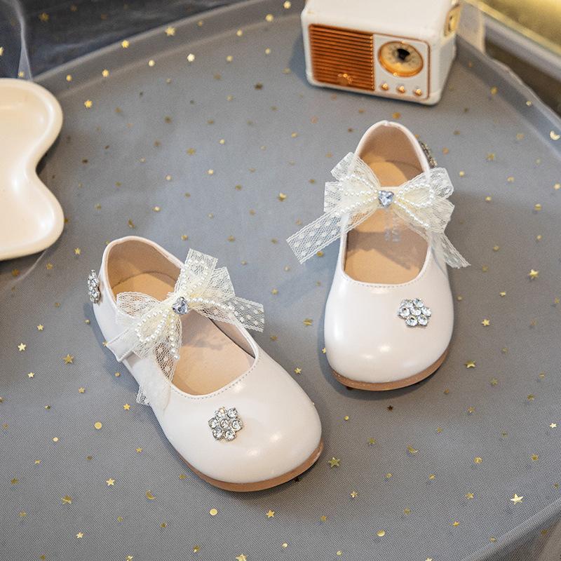 Girls leather shoes 2025 autumn new girls bow crystal princess shoes fashion children soft sole casual shoes