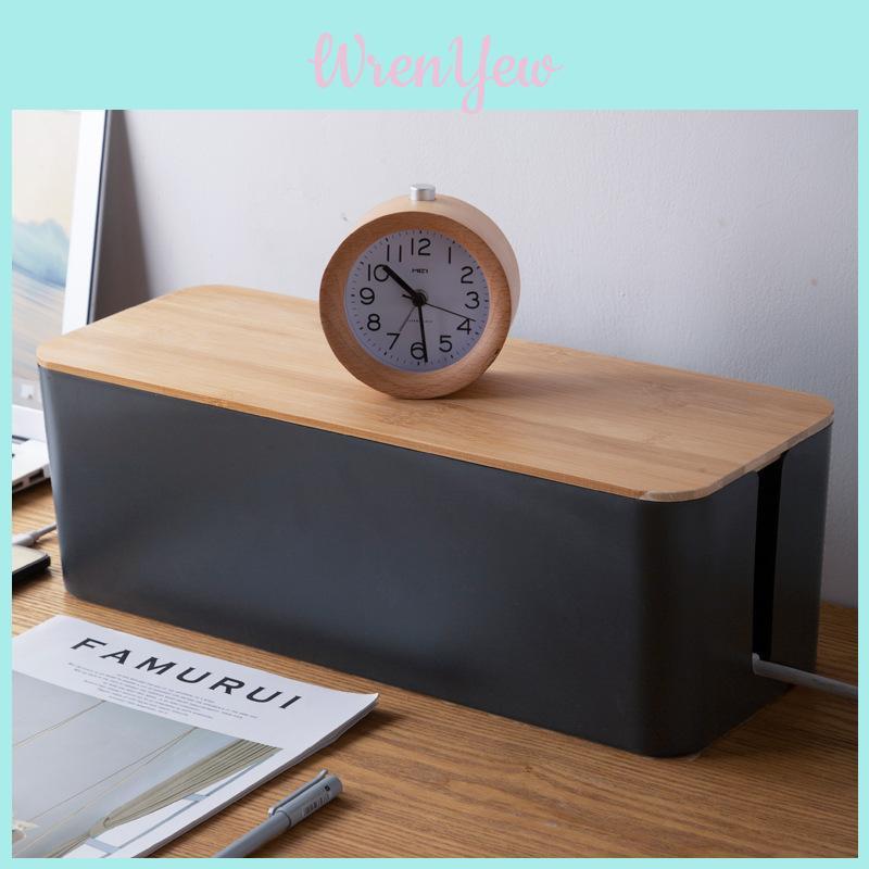 Wood Grain Desk Cable Organizer With Lid For Home Office And Bedroom Storage