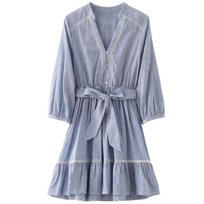 

Western Style 2024 Summer New Women clothes V-neck Temperament Lace Trim Stripe Mini Dress 3210788 Picture color XS