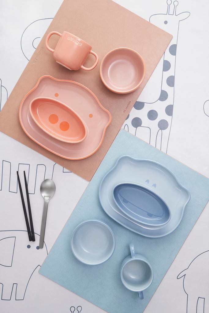 Staub Ceramic Baby Kids Tableware Set in Blue and Mug Japanese STAUB Ceramic Baby Kids Tableware "4-Piece & Hippopotamus" - Children's Plate, Bowl,