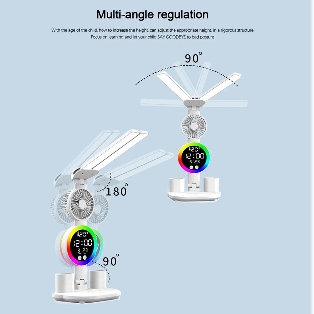 Akumulatorowa lampka biurkowa LED do lampki biurkowej do nauki, lampka do czytania, lampka nocna LED z wentylatorem, lampka biurkowa do czytania z wyświetlaczem zegara LED