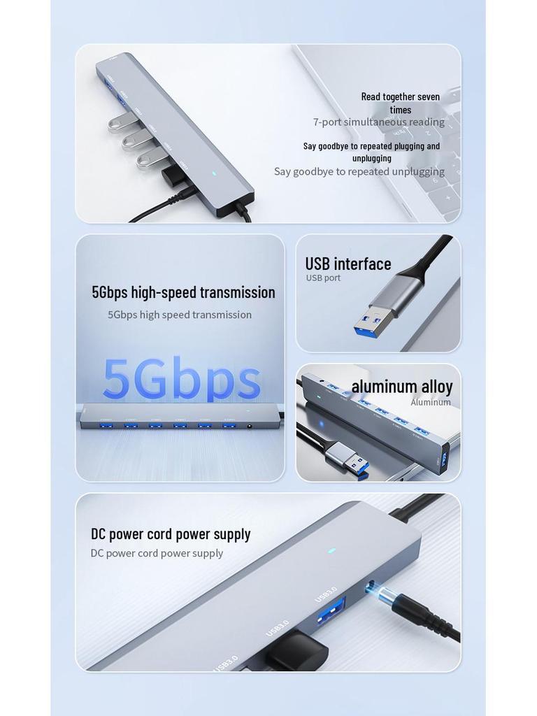 USB 3.0 Seven-Port Expansion Hub with DC Power Supply for Laptops, Keyboards, Mice, and USB Drives