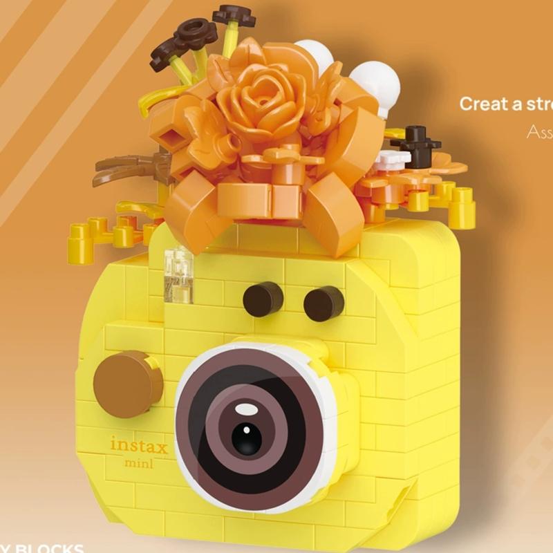 NEW DIY Camera Mirror Flower Film Retro Polaroid Rose Laurel Building Blocks Kit Girls Bricks Movie Model Kids Toy Children
