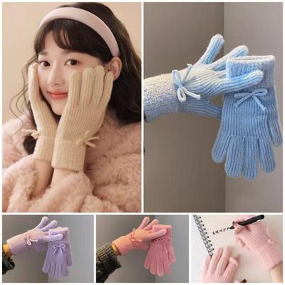 Cross-border Korean Style Cute Bow Wool Winter Gloves - Warm, Windproof, Full Five-Finger Design