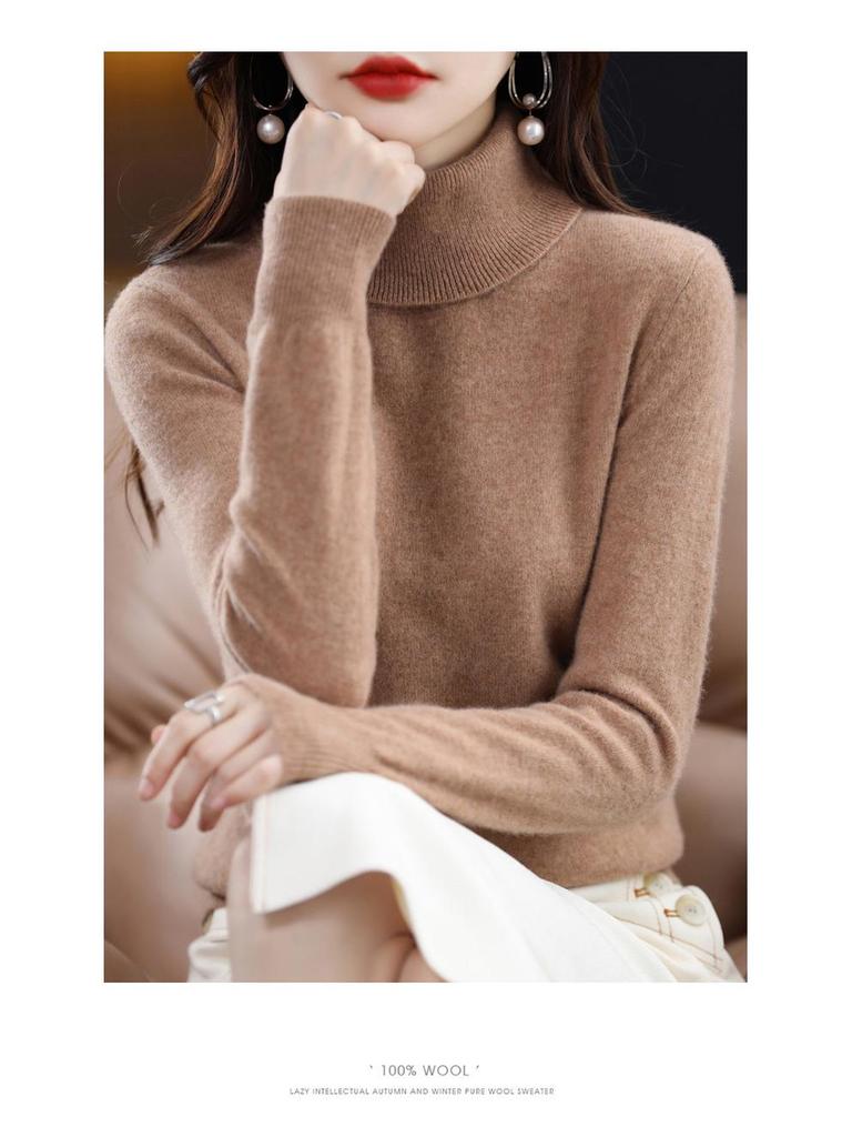 Damski sweter wełniany z wysokim dekoltem: Jesień Zima Moda Jednolity Kolor Dzianina