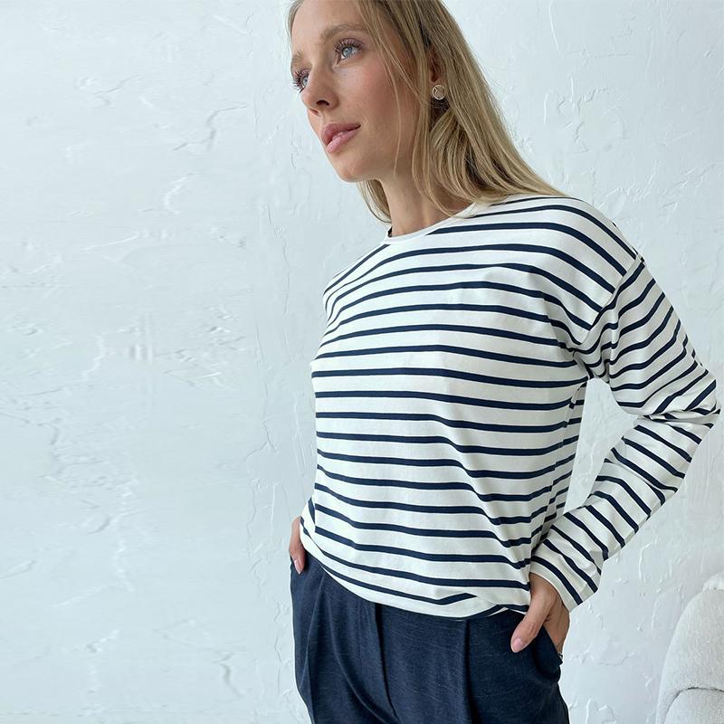 Cozy Loose Long Sleeve Striped T-Shirts Women Autumn Basic Casual Cotton Tops Round Neck Street Style Blouse