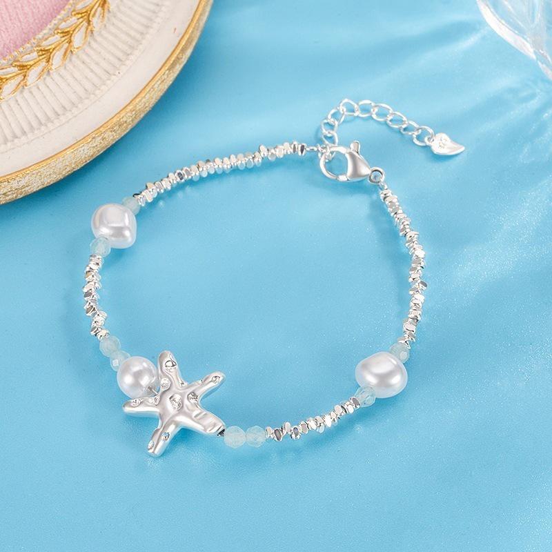 Starfish Beaded Blue Faux Pearl Bracelet - Beach Vacation Jewelry