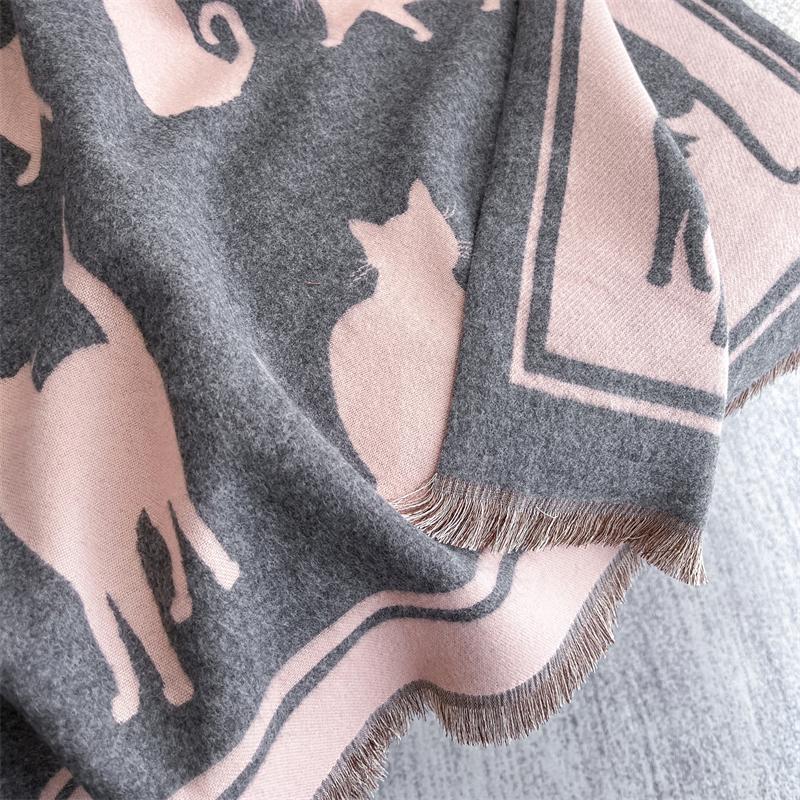 Winter Women's Luxury Cat Pattern Jacquard Cashmere Feel Scarf Lady Warm Blanket Neckerchief Bufanda Girl Echarpe Stole Shawl