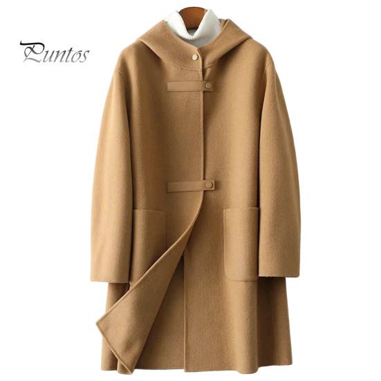 Damen Wintermantel beidseitig Wollstoff einfarbig Trenchcoat mit Kapuze Übermantel Locker Große Taschen Oberbekleidung Streetwear