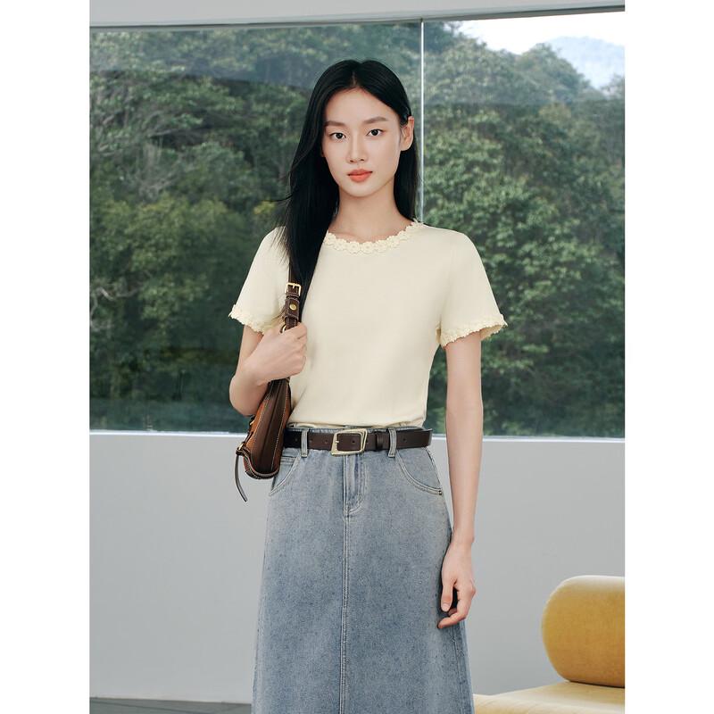 Jiuzi Annacau Elegant Flower Beaded Round Neck T-Shirt