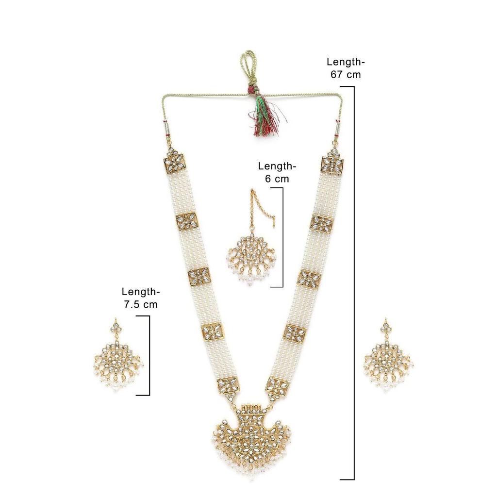 Antiker Farbton Langes Kundan & Perlen Braut-Halsketten-, Ohrring- & Maangtikka-Set für Frauen