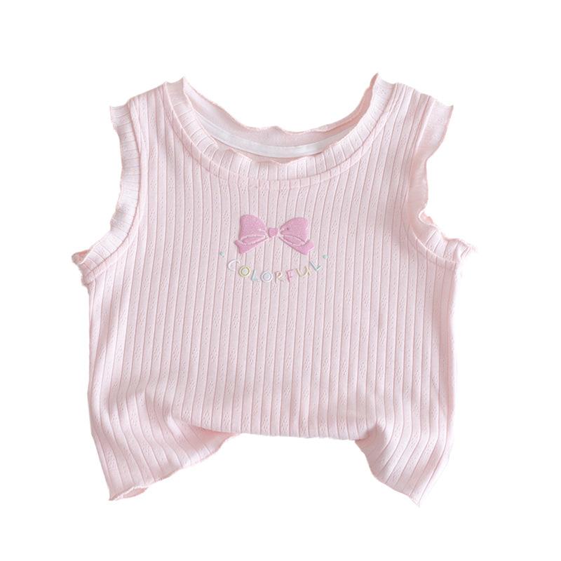 Girls Summer Cartoon Lace Bow Sleeveless T Shirt Candy Stylish Outer Wear Top For Kids