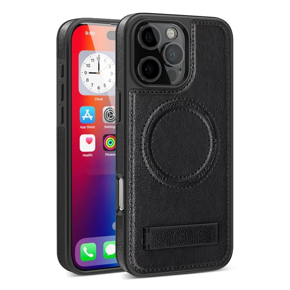 Fashion Leather for Magsafe Phone Case for iPhone 16 Pro Max 15 14 13 12 11 With Stand Bracket Strong Magnetic Shockproof Cover