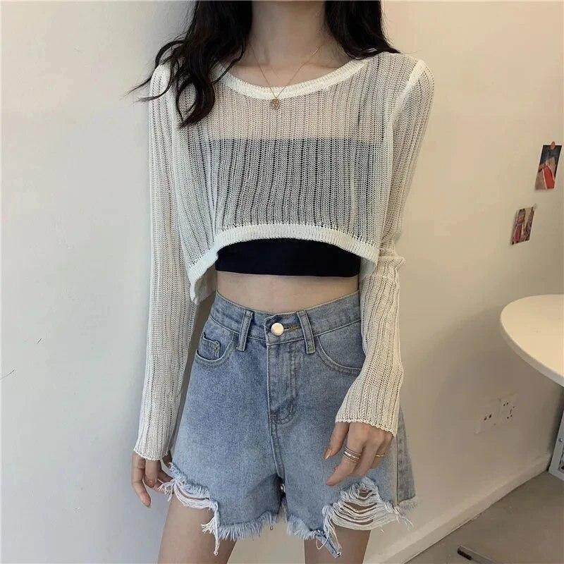 Long Sleeved Hollow Knit Sunscreen Blouse Slim Thin Pullover Women's Crop Top Simple Casual Commuting Spring Summer