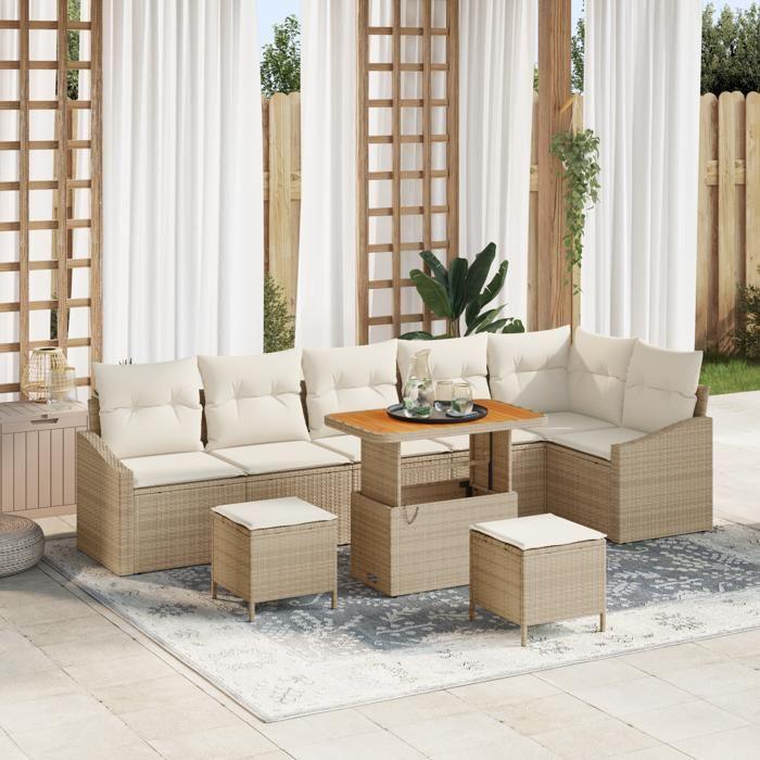 Ensemble de canapés de jardin vidaXL 9 pièces avec coussins beige Poly Rattan Acacia, Canapé de jardin vidaXL pour 2 3362676