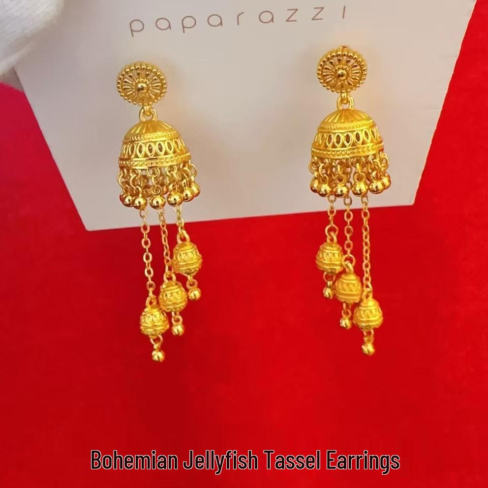 Bohemian Gold Tassel Stud Earrings: Ethnic Style Filigree with Imitation Three Golds – High-End Ear Accessories.