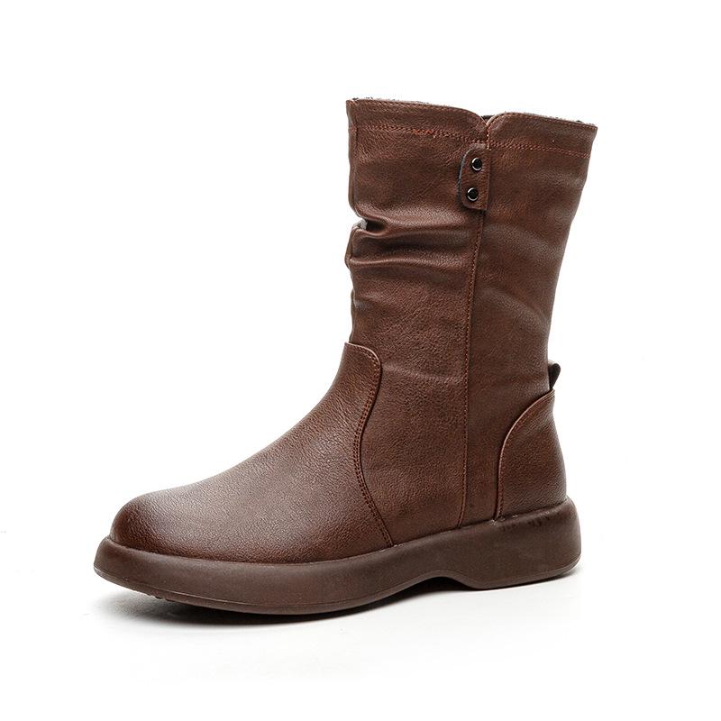 2024 Women's British Style Flat-Sole Velvet Mid-Length Martin Boots for Autumn and Winter