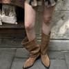 Fashion Vintage Pointed Toe Pleated Woman Western Cowboy Boots Fashion Slip On Thick Heel Knight Booties