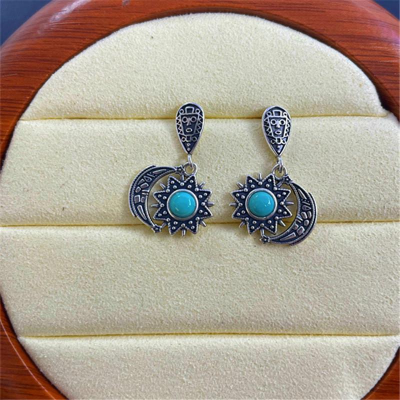 S925 Sterling Silver Retro Sun & Moon Turquoise Earrings - Unisex