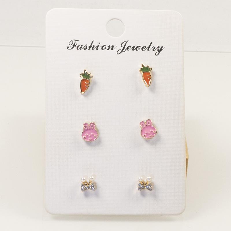 S925 silver needle three pairs of stud earrings set women s niche design rabbit carrot earrings high-end temperament earrings