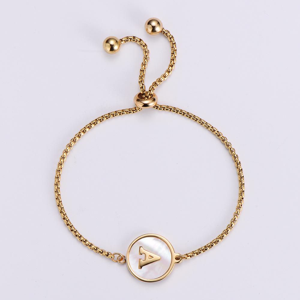 

Stainless Steel Electroplated 18K Gold Adjustable A-Z Letter Bracelet with White Shell Charm I