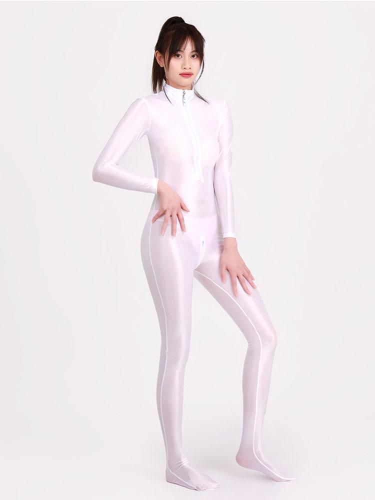 Sexy Oil Shiny Glossy Jumpsuits Women‘S Zipper Open Crotch Full Bodystockings Elastic Bodysuits See Through Yoga Leotard