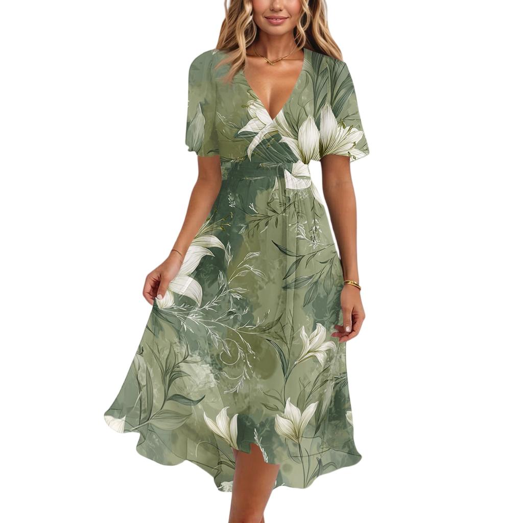 Women Casual V Neck Short Sleeve Floral Print Dress Vintage Style Midi Length Wrap Dress for Daily Wear