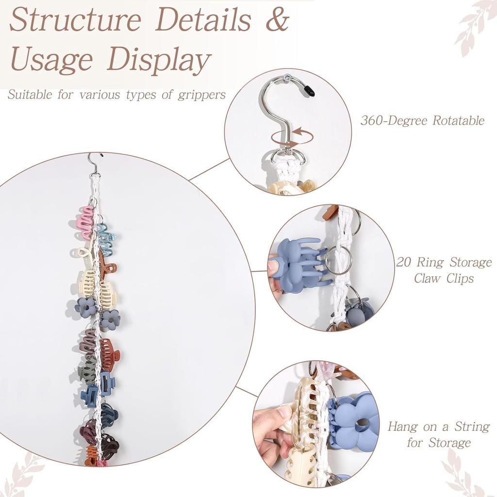SNOWSTAR Macrame Hair Claw Clip Organizer with Rotating Hook and 20 Metal Rings,Hanging Hair Clip Holder and Storage for Women Girls,Claw Clips