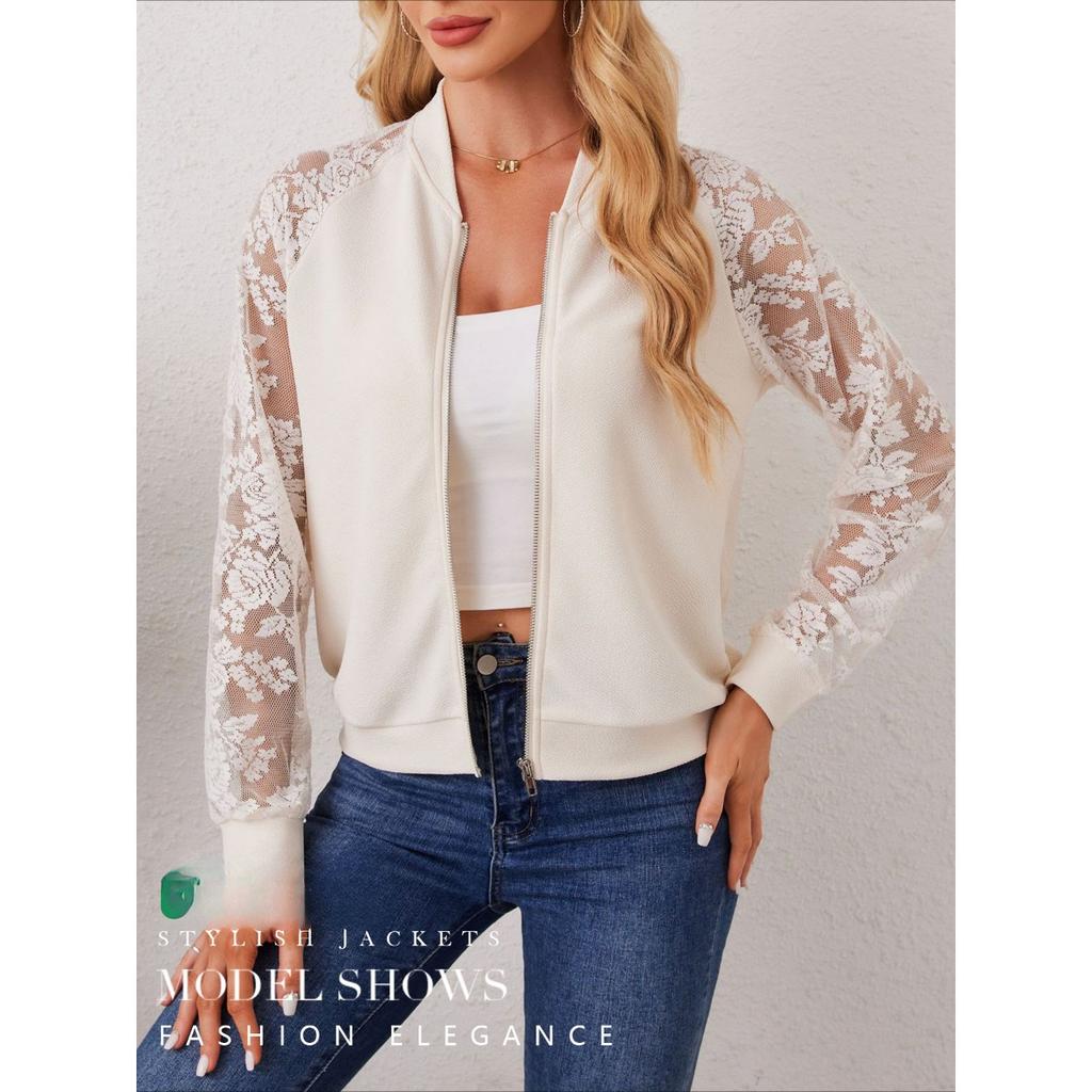 Høst og Vinter Ny Elegant Dame Blonder Spleiset Langermet Baseballkrage Jakke Toppkåpe