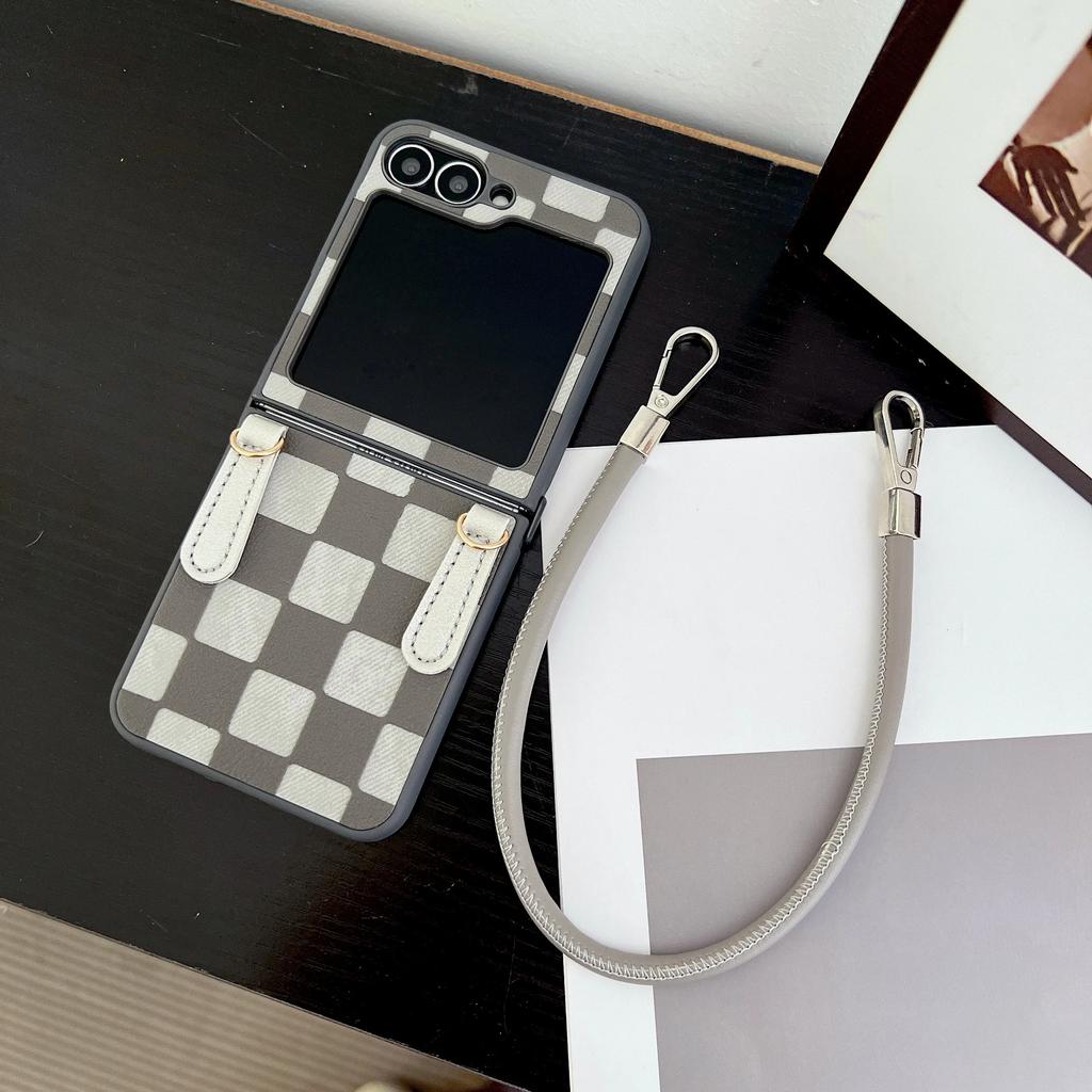 Kostkovaný PU kožený řemínek na zápěstí Pouzdro na telefon pro Samsung Galaxy Z Flip 6 5 4 3 5G Ochrana Nárazuvzdorný kryt
