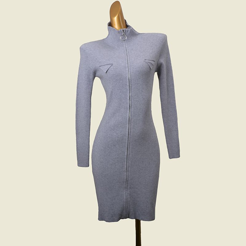 

Soft Glutinous Semi-High Collar Metal Long-Sleeve Zipper Knitting Dress Fashion Wind Pure Color Base Silm Bodycon Dress Grey All yards