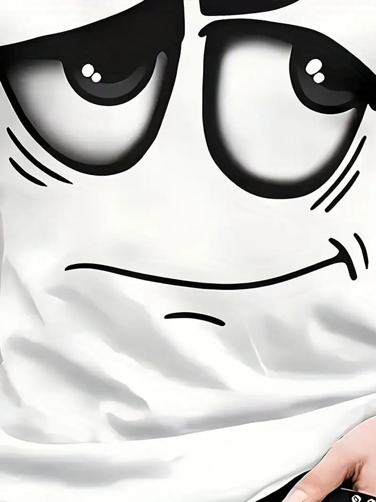 Men's Casual 3D Printed T-Shirt White "Sad Face" Graphic Short Sleeve Round Neck Breathable Polyester