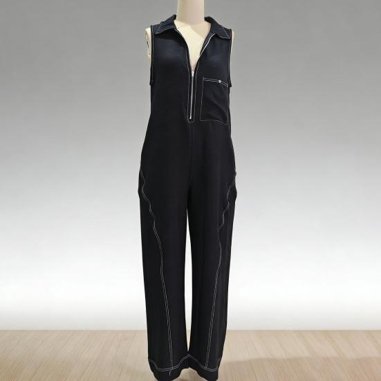 Damski kombinezon bez rękawów, casualowy, długie spodnie, romper z kieszeniami, letni, zapinany na zamek, ze stójką, jednoczęściowy kombinezon