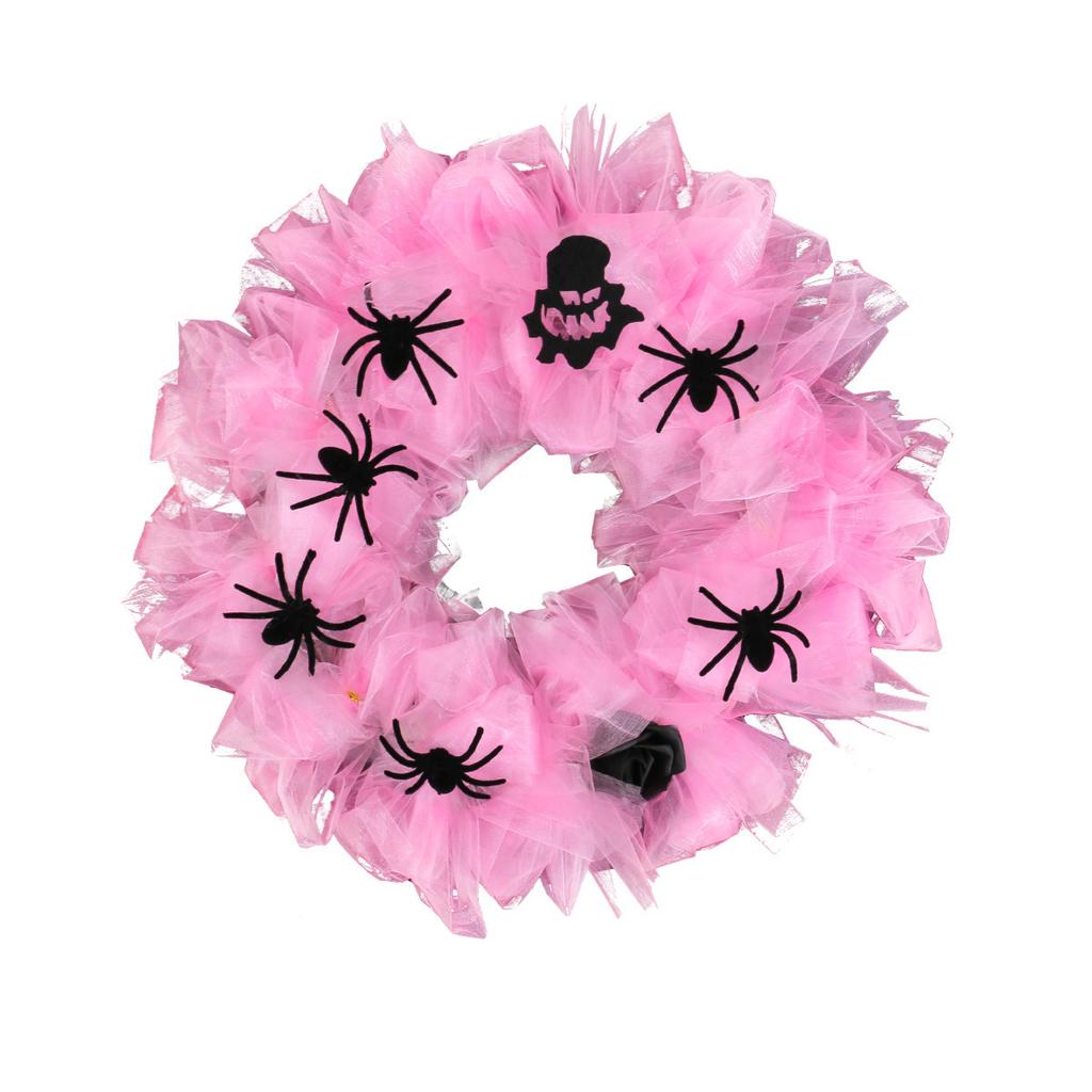 Halloween Pink Mesh Spider Wreath Door Hanging Festival Decoration Wreath Party Atmosphere Decoration Props