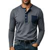 Mens Contrast Color Pocket Long Sleeve Crew Neck Henley Casual T Shirt