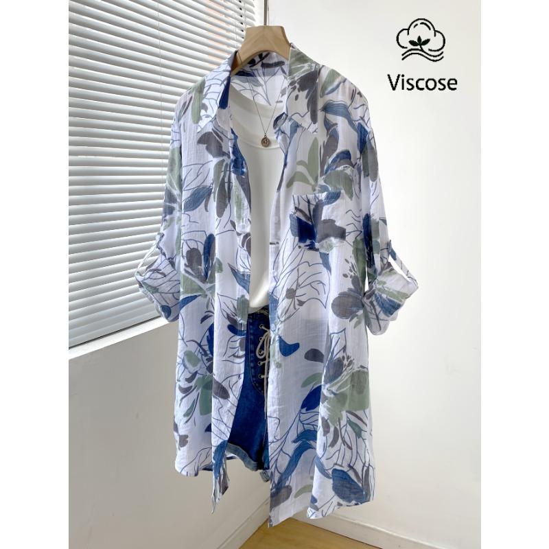 Women's Printed Long Sleeve Blouse Viscose Loose Fit Single-Breasted Cardigan