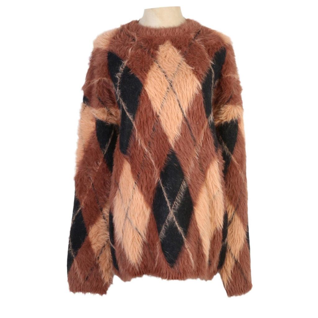 Women's French Argyle Pullover: Soft, Fluffy, Loose-Fit Color Block Sweater for Autumn/Winter, Versatile Round Neck Knit Design.