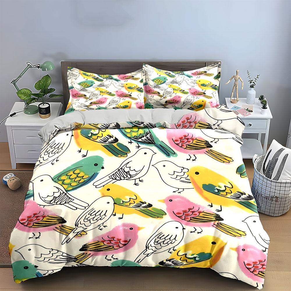 Colorful Bird Pattern Decor Set Bedding Set with 1 Duvet Cover 2 Pillowcases Single Double King Queen, Gift