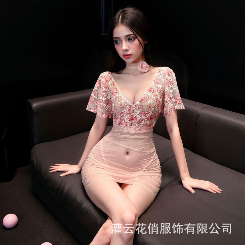 Sexy lingerie perspective deep V floral rose gauze hip skirt uniform suit flirting lingerie women