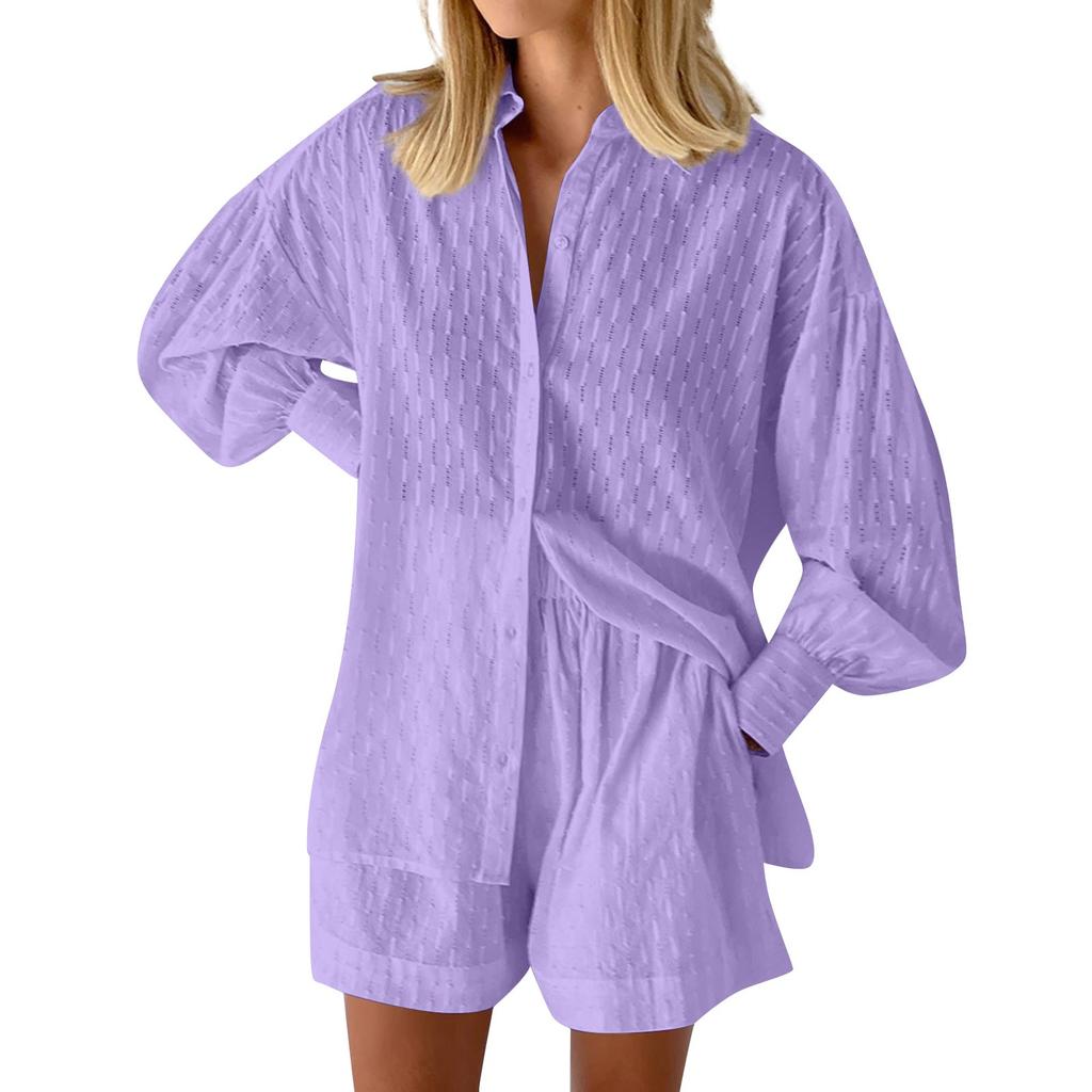 Lässige Mode Einfarbig Damen Shirts Puffärmel Elegante Tops Shorts Casual Anzug