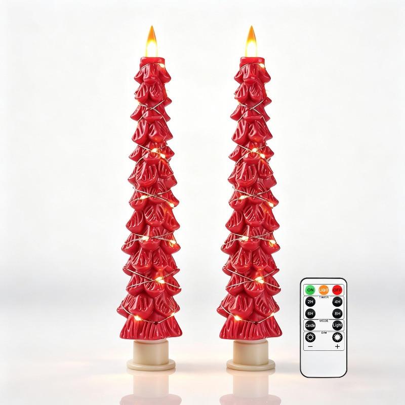 Pack of 2 Christmas Tree LED Taper Candles, Flameless Candles, Realistic Flame Effect, Battery Operated with Remote Control for Christmas Decoration
