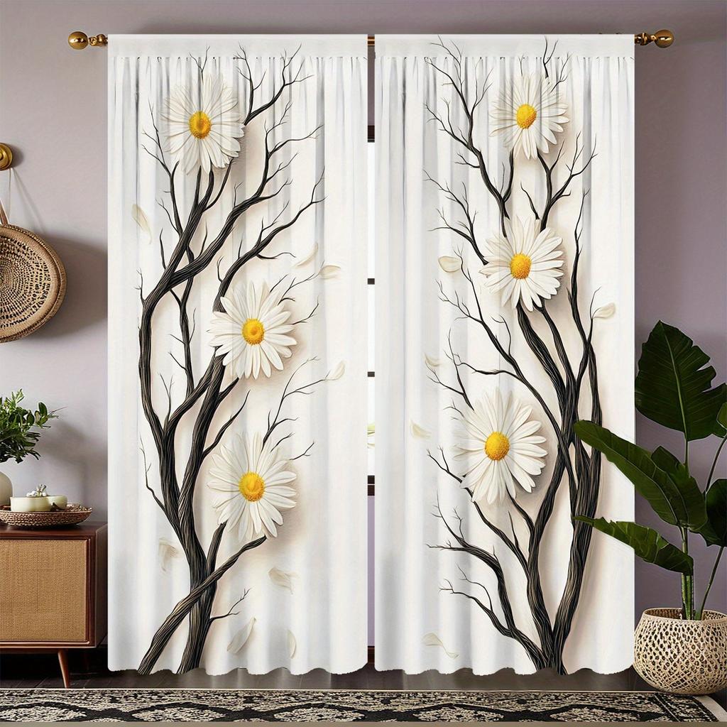 Black Twig Daisy Flower Pattern Curtains Polyester Fabric Suitable Bedroom Living Room Decoration Curtain Made Of Washable Area Ready
