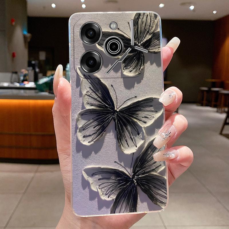 Phone Case For Tecno Pova 6 Pro 5G LI9 Case Tecno Pova 6 5G LI7 Back Cover Luxury Butterfly Flowers Transparent Soft TPU Casing