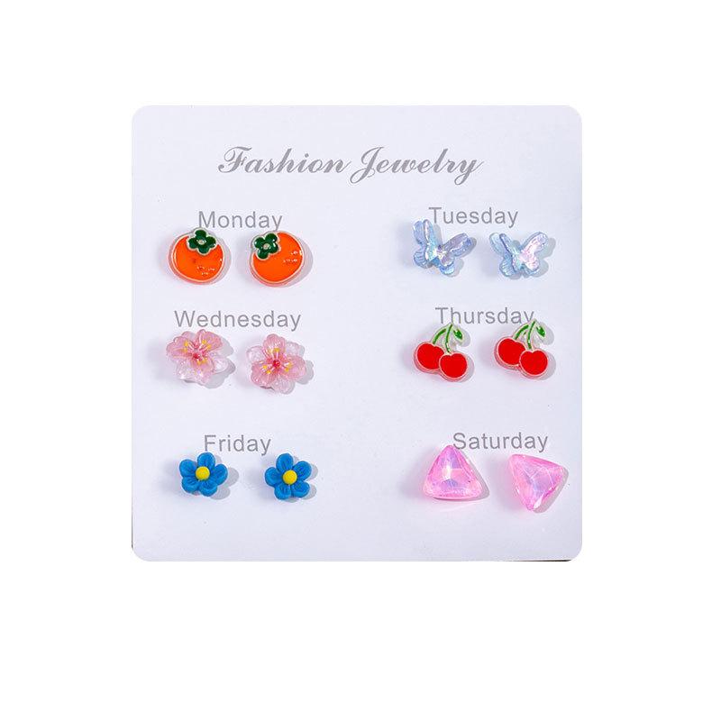 Delicate Small Fresh Week Stud Earrings Set Cute Cartoon Candy Watermelon Butterfly Imitation Silver Needle Small Daily Earrings