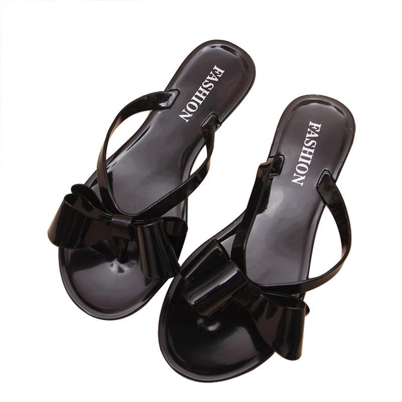 GIY Womens Bowtie Low Wedge Flip Flops Sandals Bohemian Platform Elastic Summer Beach Thong Black