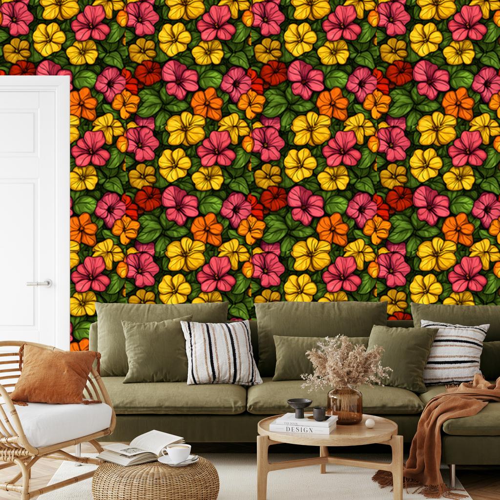 Wallpaper Flowers and Leaves Olive and Red for Living Room and Bedroom 50x1000