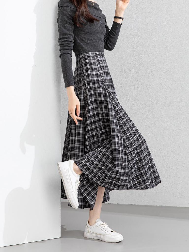 Xin Ge Plaid High Waist Fishtail A-line Skirt – Korean Style Long, Irregular Cut