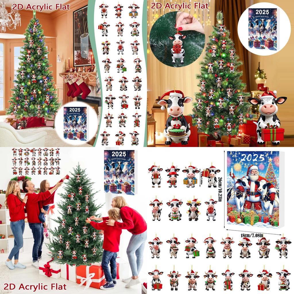 Boîte Aveugle Compte à Rebours de Noël Ornement Ferme de Vaches Avec Décorations Acryliques Pour Décoration d'Arbre de Fête