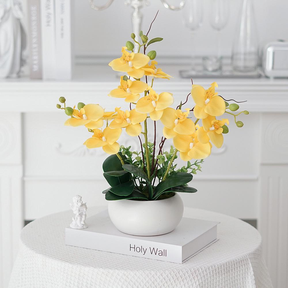 Phalaenopsis Artificial Flower Arrangement in Ceramic Pot – Decorative Faux Orchid for Living Room