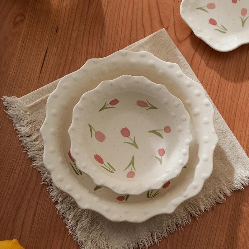 Creative Cute Tulip Ceramic Plate Light Luxury Restaurant Delicious Dishes Deep Plates Home Afternoon Tea Dessert Fruits Plate